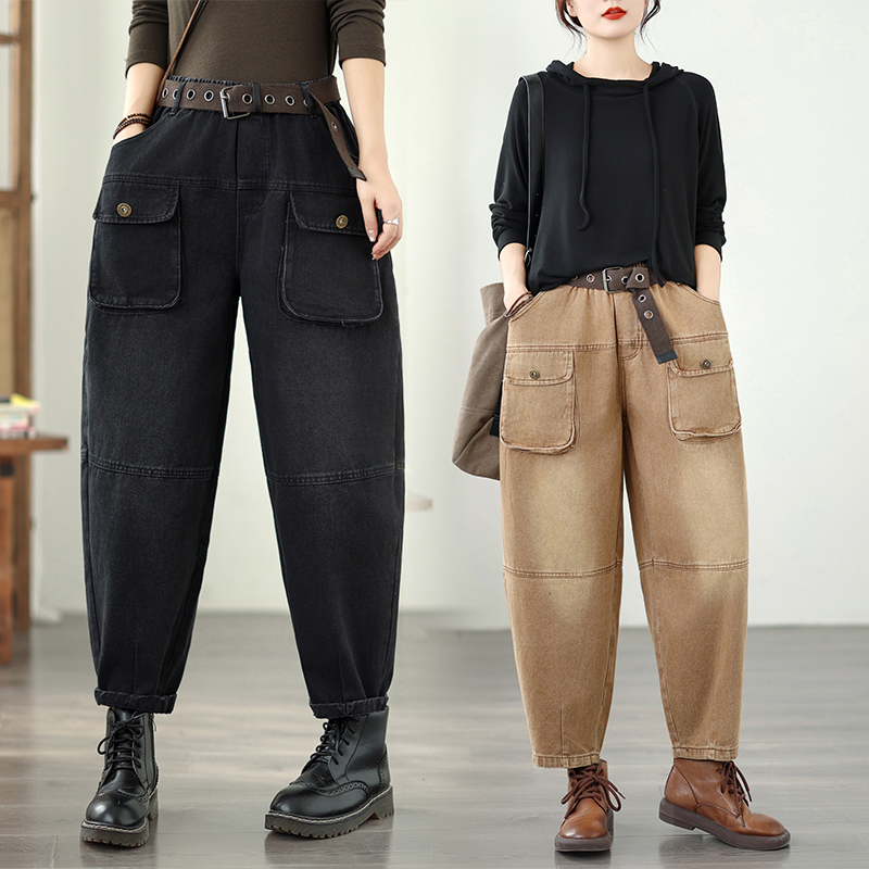 秋冬复古立体时尚口袋休闲春秋新款大码宽松水洗工装哈伦牛仔裤女