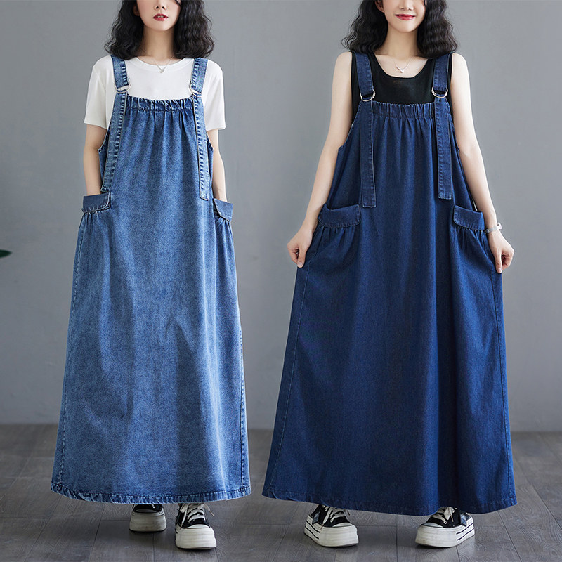 夏季吊带大码胖mm女装新款长裙复古宽松显瘦牛仔背带裙长款连衣裙