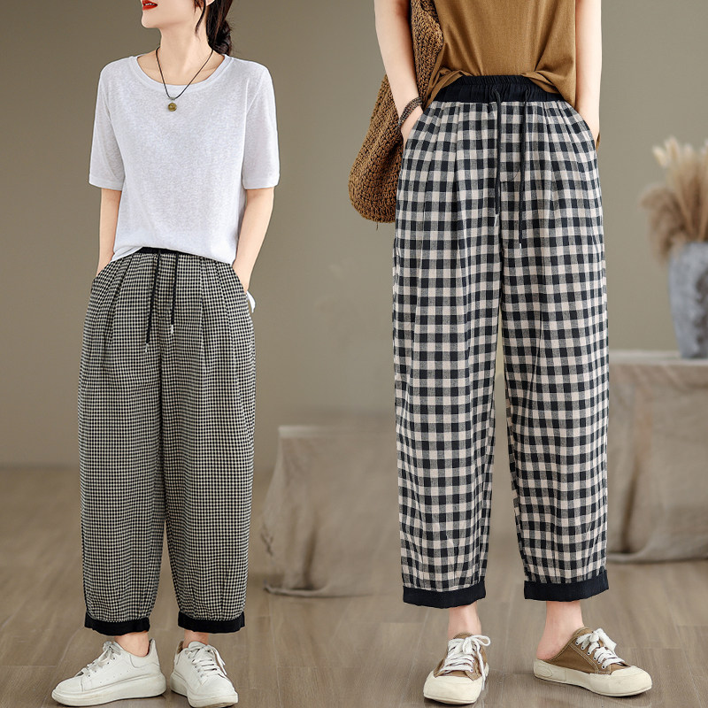 夏季新款复古棉麻格子休闲裤文艺宽松百搭显瘦薄款九分哈伦裤女潮