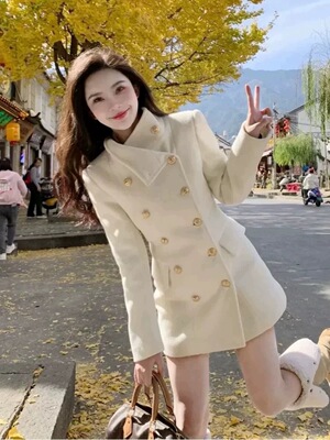 双排扣显瘦外套女2025秋冬新款气质收腰中长款黑色小个子呢子大衣