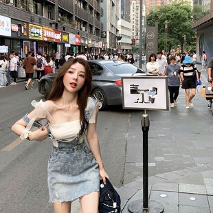 单件/套装牛仔背带裙套装裙女夏季绑带蝴蝶结背心+吊带裙两件套潮