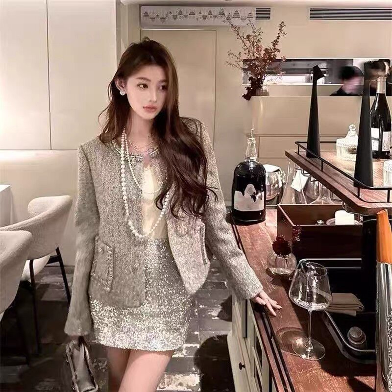 高级感奢贵感气质上衣女2025秋冬季新款编织灰色千金小香风外套女