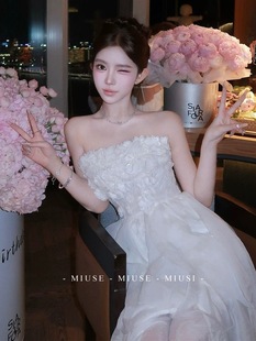 法式重工鱼骨网纱礼服女韩系气质名媛风性感立体装饰显瘦抹胸裙潮