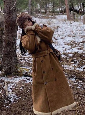 羊羔毛鹿皮绒外套女秋冬宽松立领中长款皮毛一体加厚保暖休闲大衣