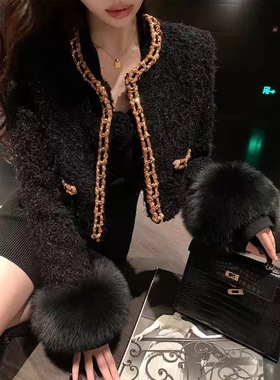 小香风亮丝编织仿狐狸毛短外套女2025冬季名媛百搭毛毛开衫上衣潮