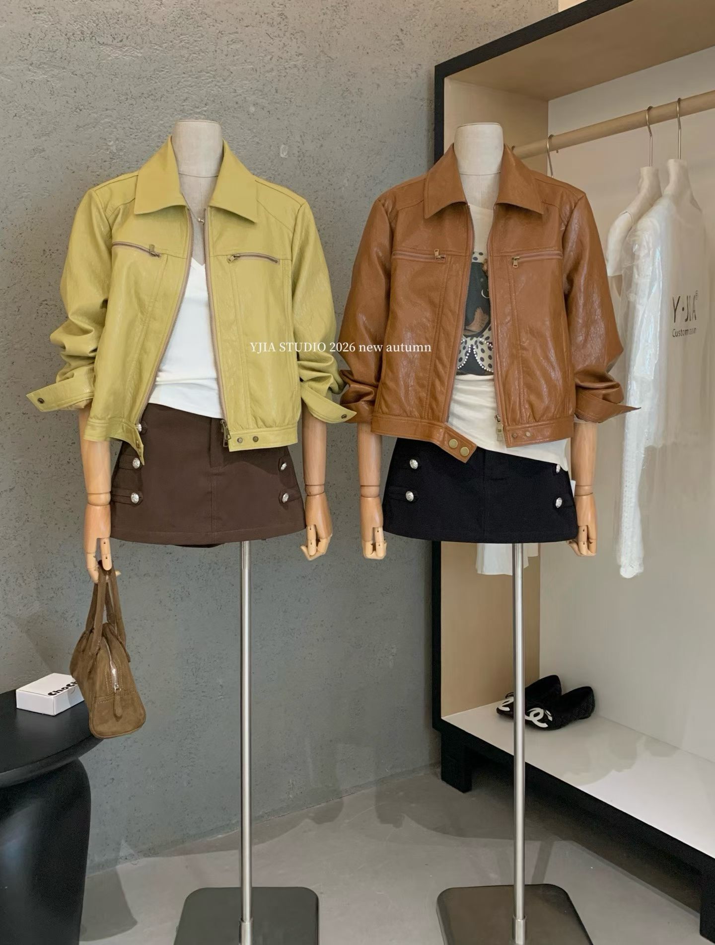 伊嘉YJIA涩谷千禧年 复古重工皮衣外套小众色时髦百搭上衣女秋款