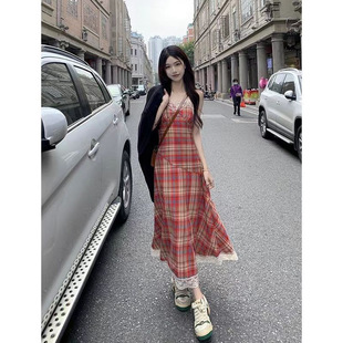 包臀裙气质度假风 韩式 法式 红色格子蕾丝吊带连衣裙女夏季 裙子修身
