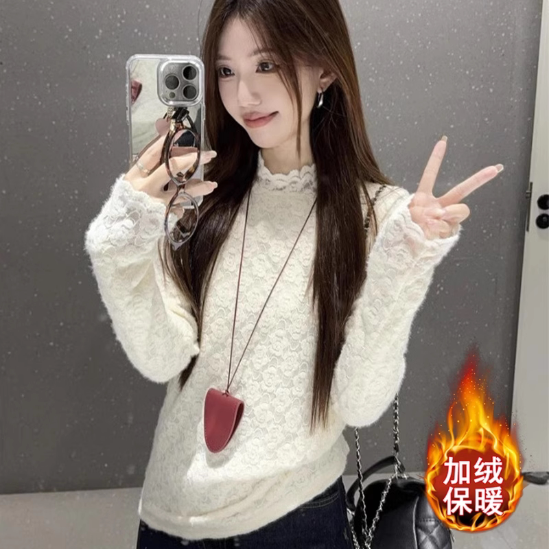 加绒加厚白色蕾丝打底衫女内搭春秋季2026新款半高领长袖气质上衣