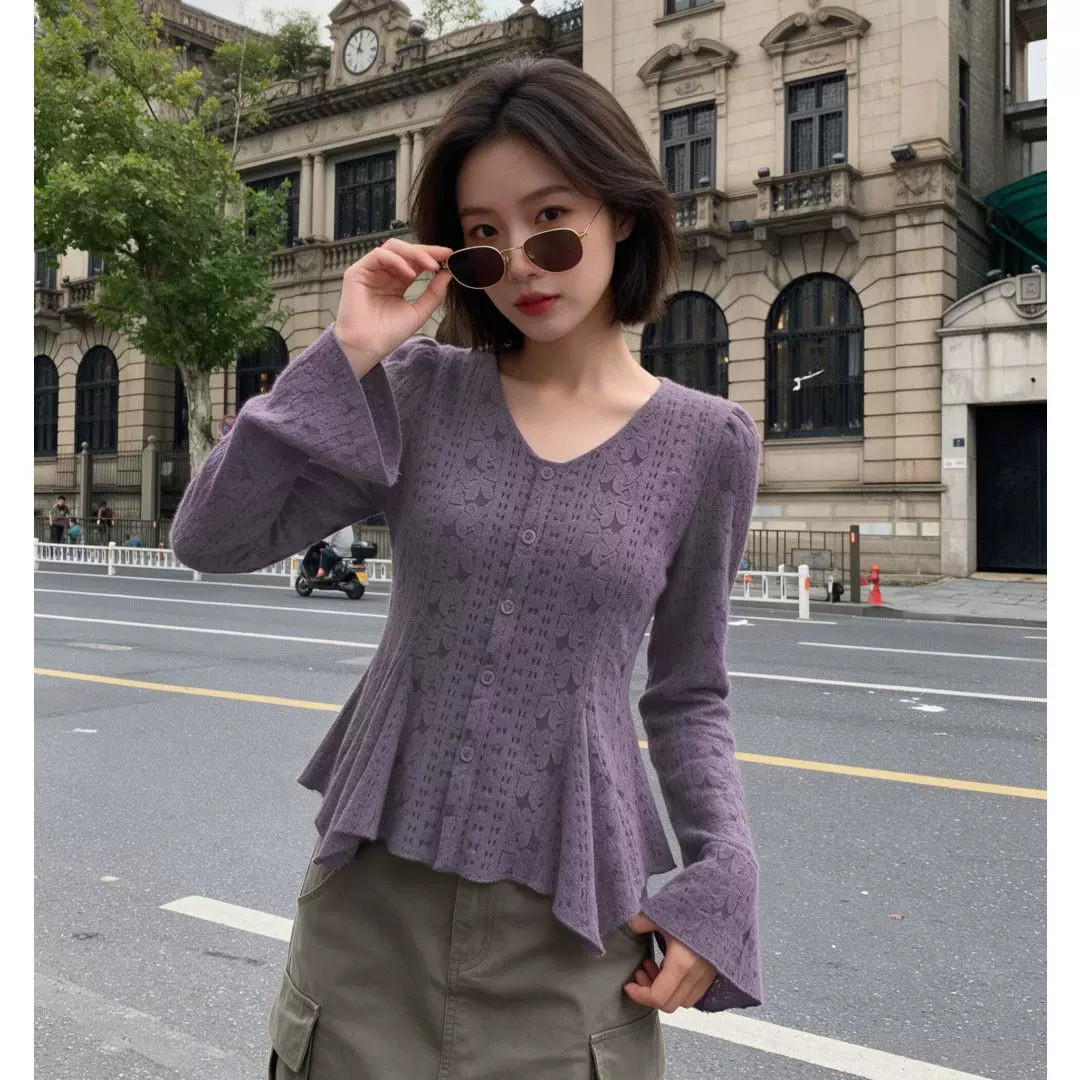 高级感荷叶边蕾丝打底衫2026女秋季大码胖mm遮肉显瘦内搭长袖上衣