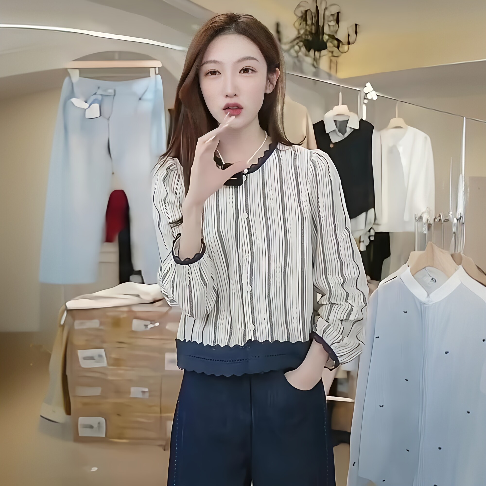 时尚气质蕾丝花边长袖上衣女春秋