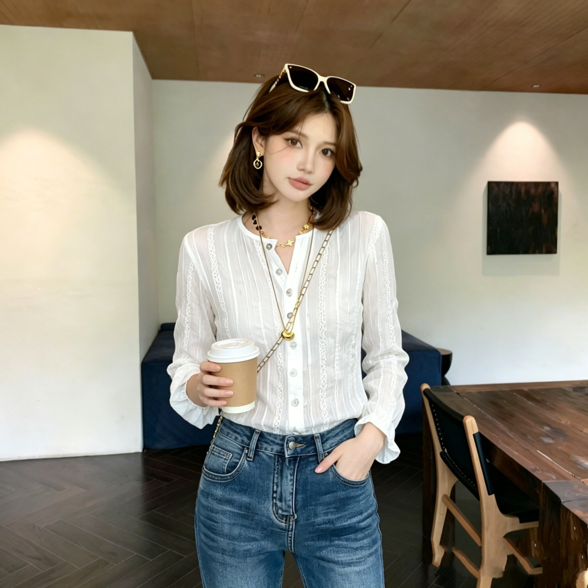 立领竖条蕾丝拼接防晒衬衫女夏收腰遮胯减龄温柔气质显瘦百搭上衣
