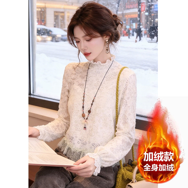 秋冬加绒保暖修身蕾丝打底衫女潮