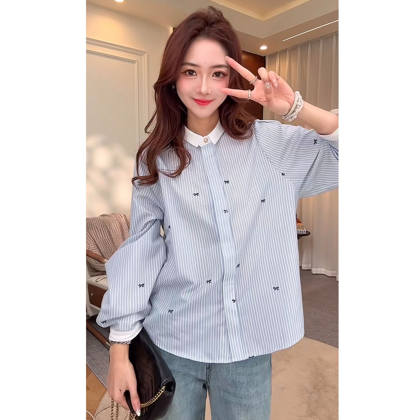 法式条纹蝴蝶结印花长袖衬衫女2025春小清新洋气宽松减龄显瘦上衣