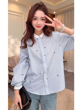 法式条纹蝴蝶结印花长袖衬衫女2025春小清新洋气宽松减龄显瘦上衣