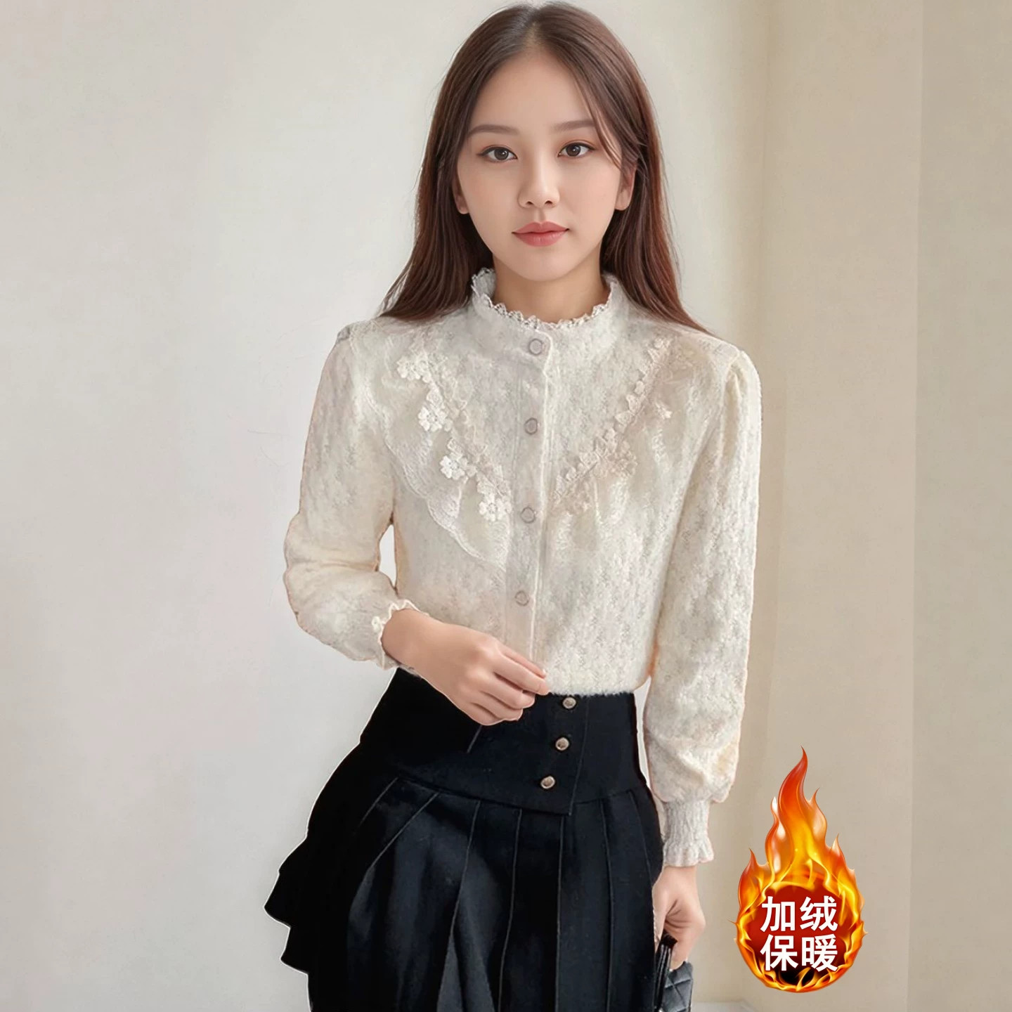 春季新款2026年刺绣蕾丝钩花木耳领衬衫女正肩设计精致感绝美上衣
