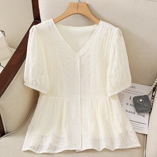 法式雪纺V领蕾丝衬衫女夏季新款设计感小众小个子显瘦短袖上衣潮