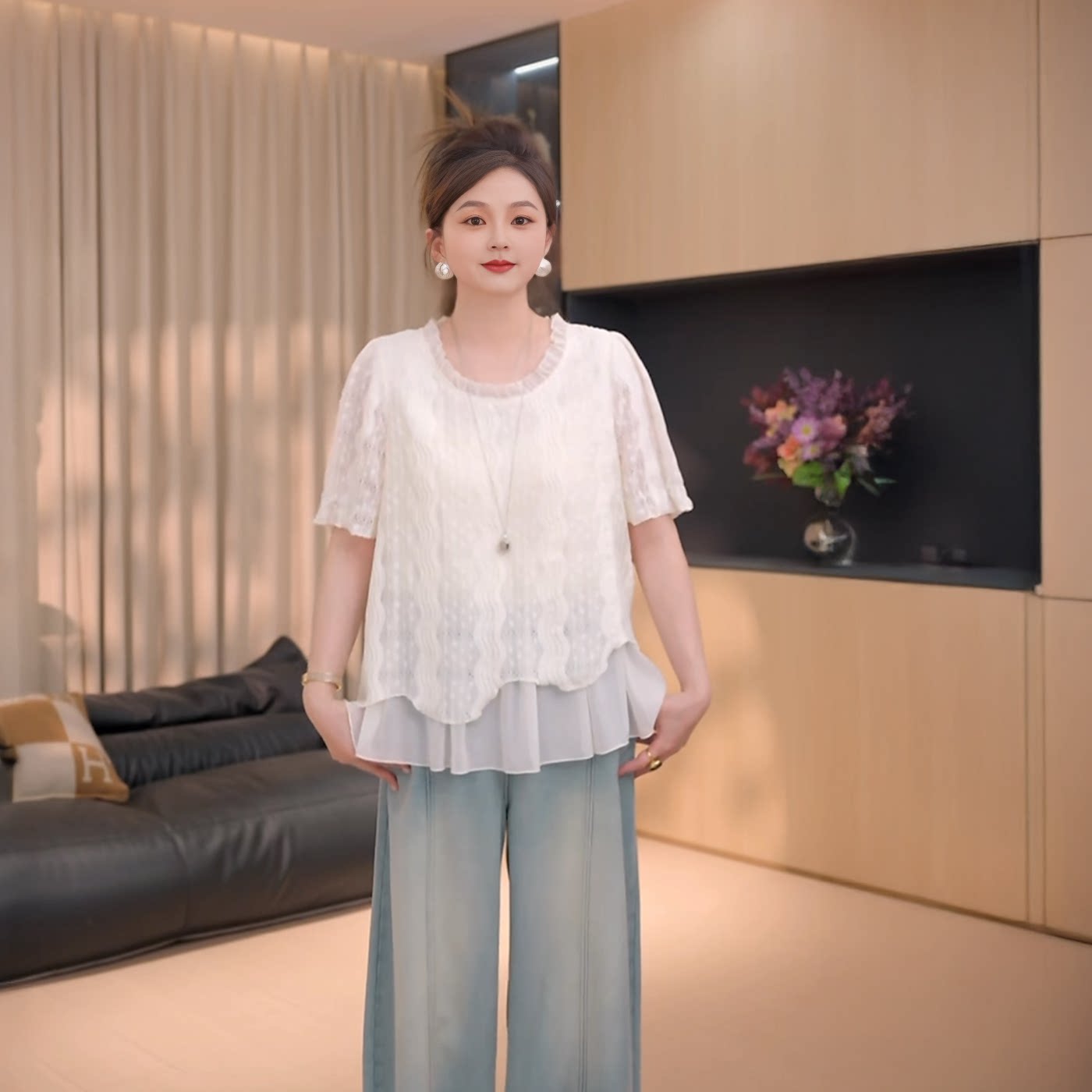 大码胖mm法式衬衫百搭花边圆领假两件T恤女夏季新款洋气显瘦上衣