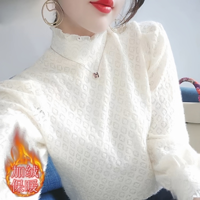 半高领高档加绒蕾丝打底衫女秋冬