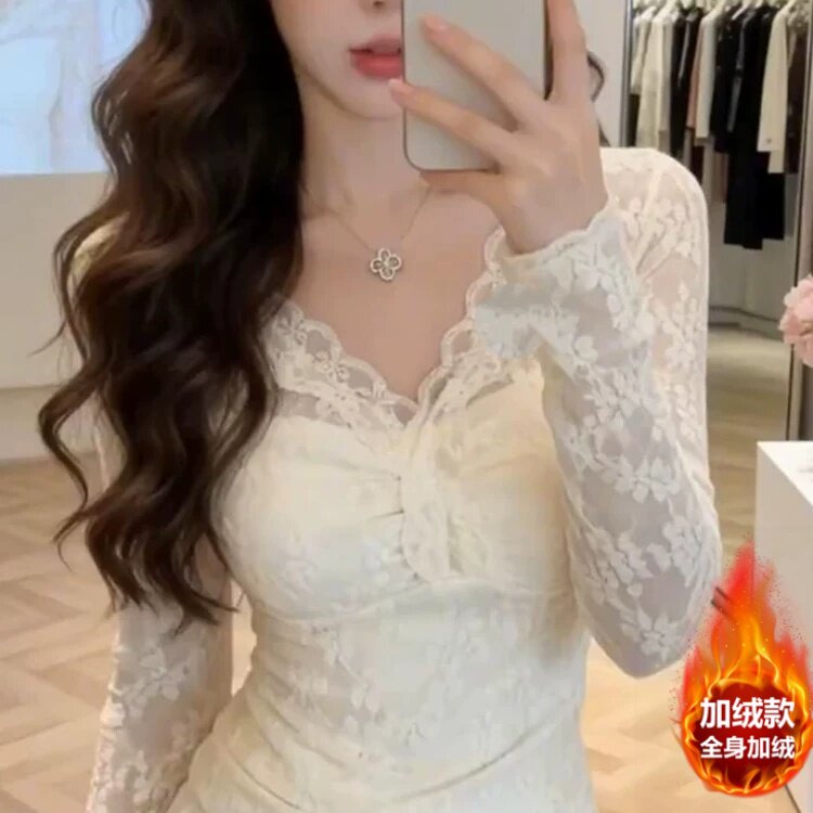 纯欲辣妹v领修身长袖上衣小香风显瘦内搭蕾丝打底衫女秋冬季新款
