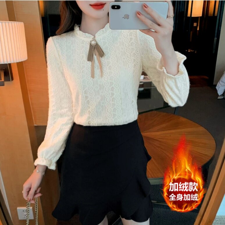 洋气百搭立领长袖蕾丝T恤女秋冬新款设计感显瘦遮肚休闲内搭小衫