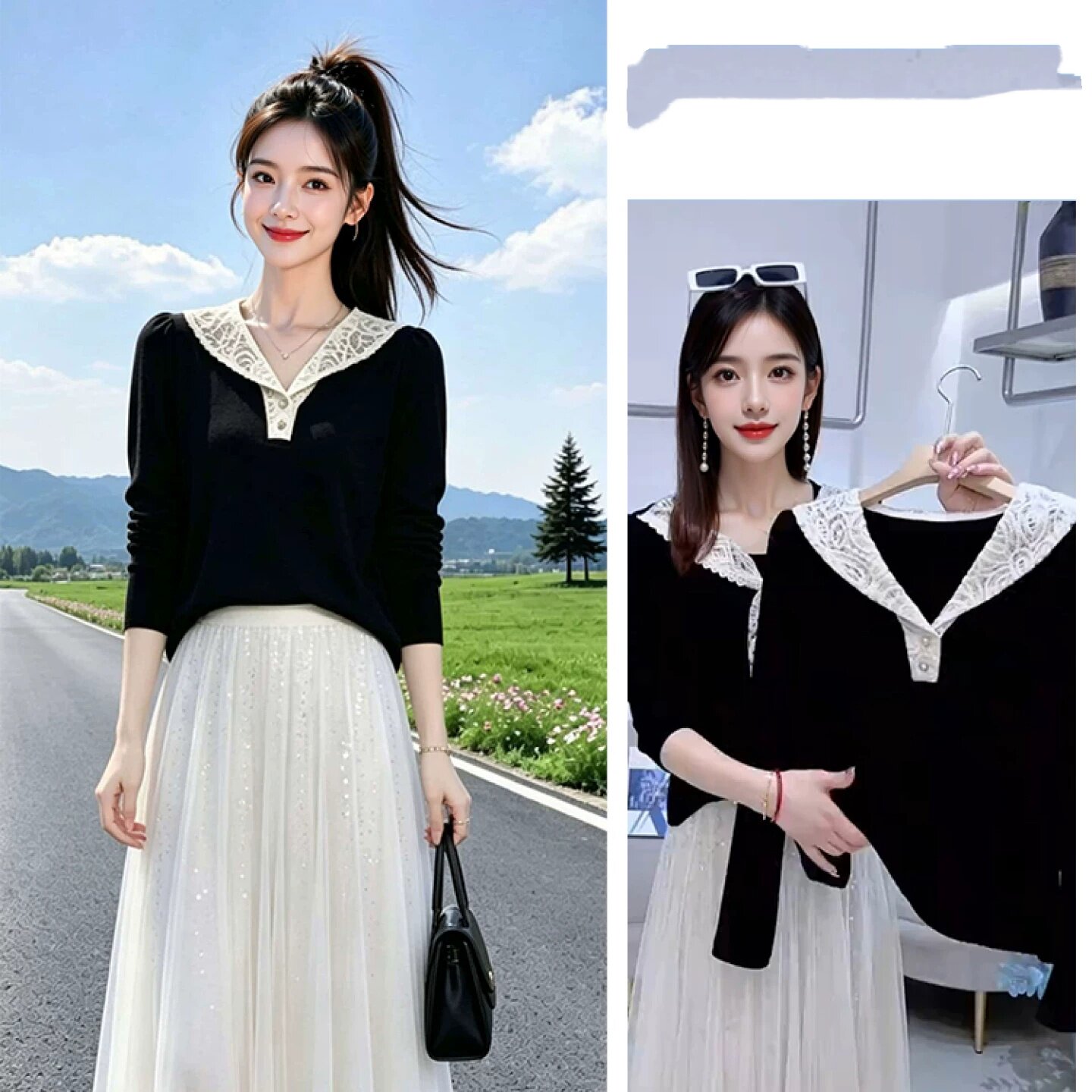 时尚撞色蕾丝拼接长袖T恤女2026秋季新款洋气修身显瘦V领百搭上衣