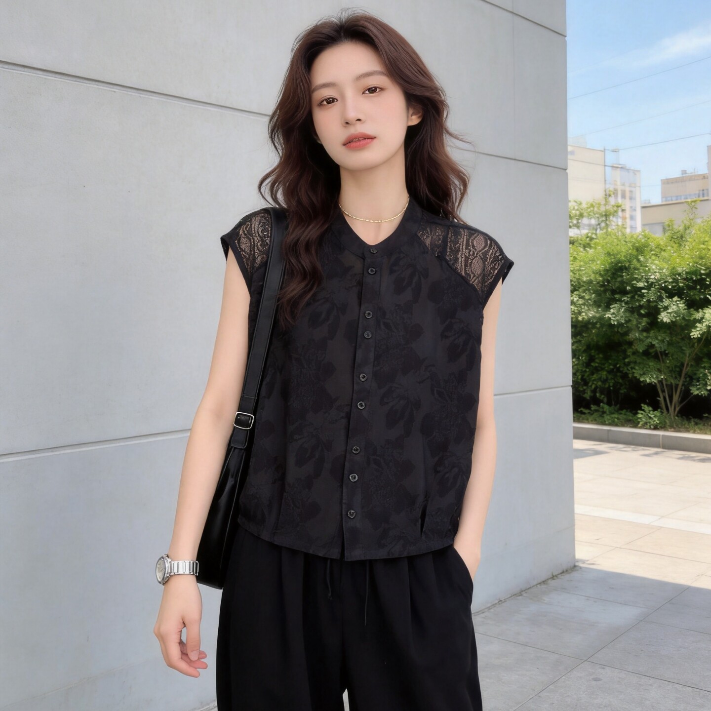 复古单排扣蕾丝插肩无袖上衣女夏季宽松遮肉显瘦时尚百搭无袖小衫