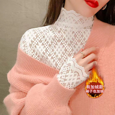 半高领磨毛加绒蕾丝打底衫女秋冬