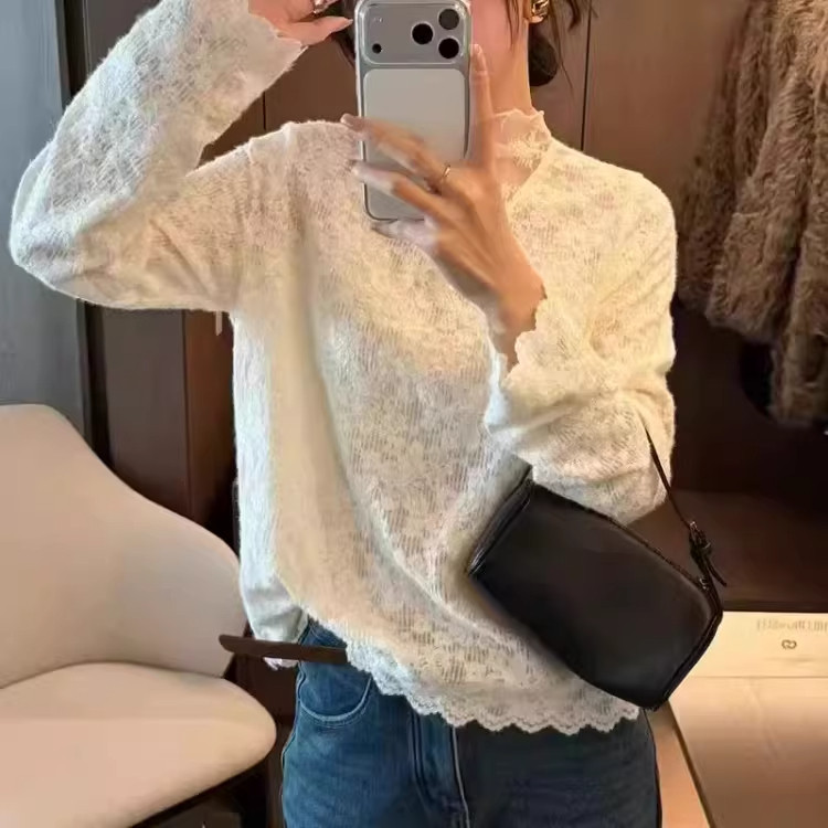 半高领拼接蕾丝打底衫春秋新款