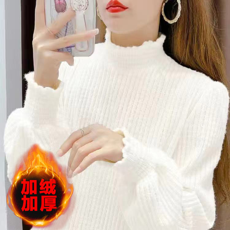 秋冬洋气加绒半高领蕾丝打底衫女新款内搭气质显瘦百搭长袖上衣潮
