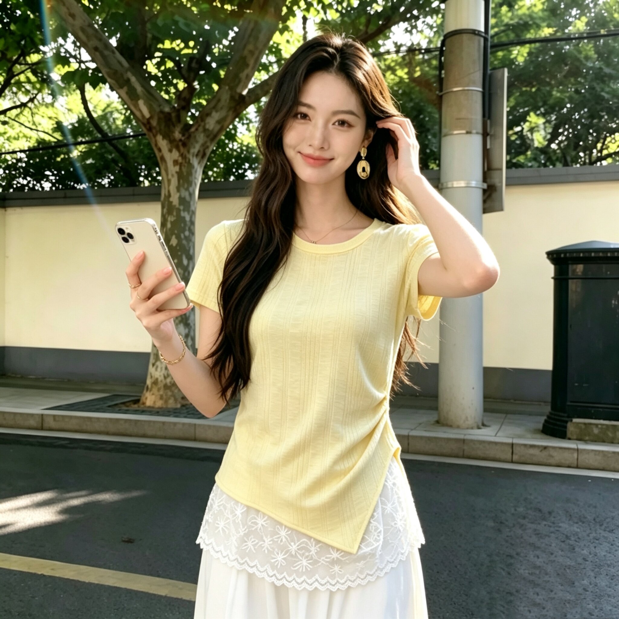 蕾丝拼接侧抽绳短袖上衣女夏季收腰遮肚温柔减龄修身百搭短袖上衣