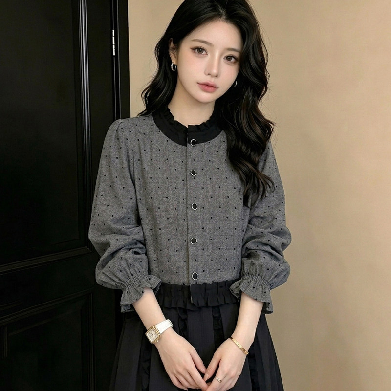 温柔淑女风木耳边波点衬衫女春季穿搭韩系高级感减龄显瘦长袖上衣
