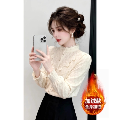 2025秋冬加绒百搭长袖蕾丝衬衫女