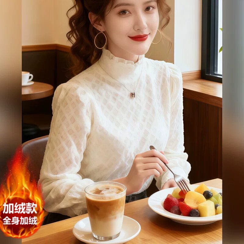 半高领蕾丝加绒衬衫女秋冬法式气质内搭小衫显瘦打底衫加绒蕾丝衫