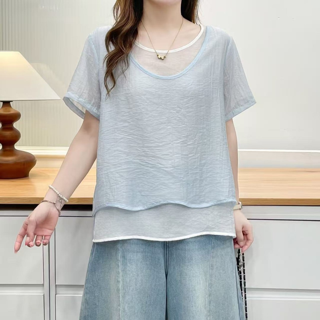 2026新款假两件短袖衬衫上衣女夏季宽松遮肚撞色拼接大码显瘦小衫