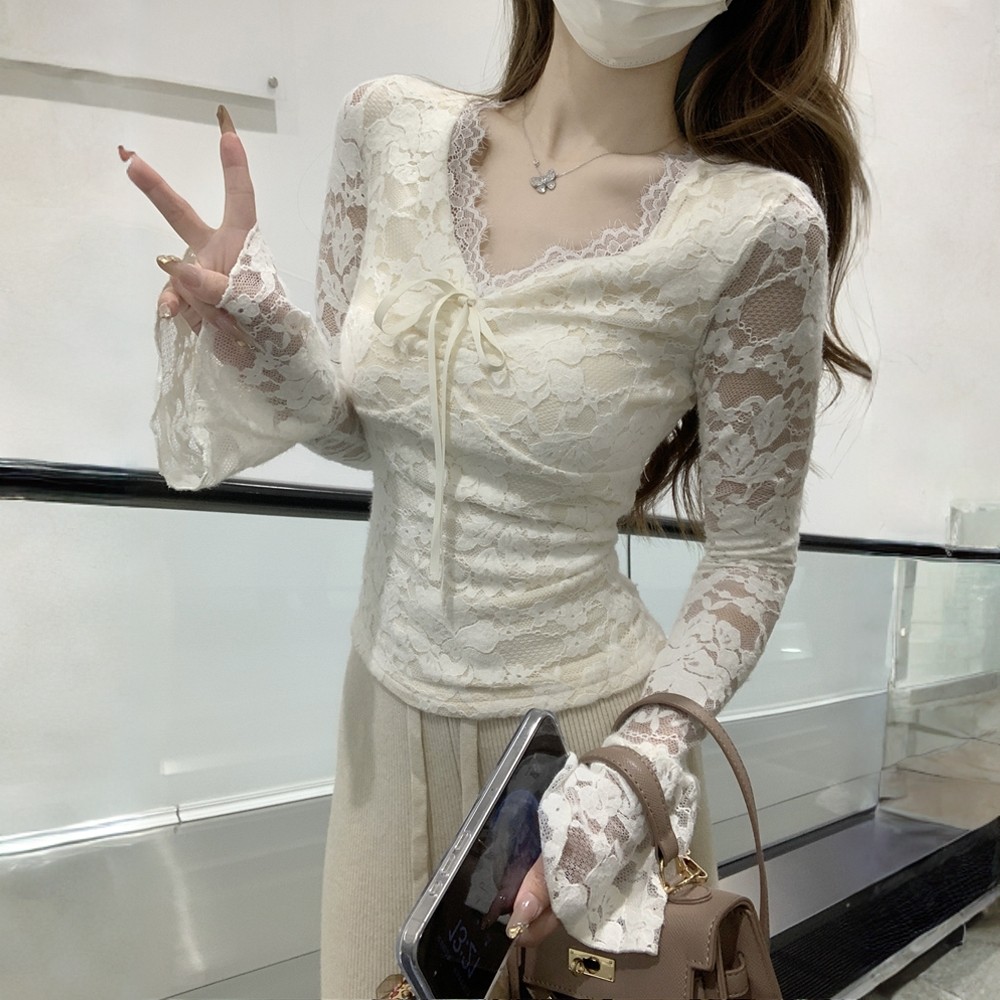 时尚性感修身显瘦V领蕾丝上衣女