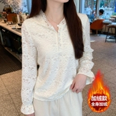 宽松别致连帽内搭长袖 法式 时尚 女秋冬新款 上衣 绣花加绒蕾丝打底衫