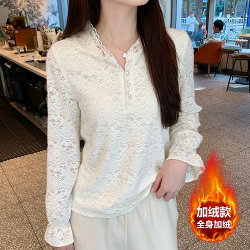 法式绣花加绒蕾丝打底衫女秋冬
