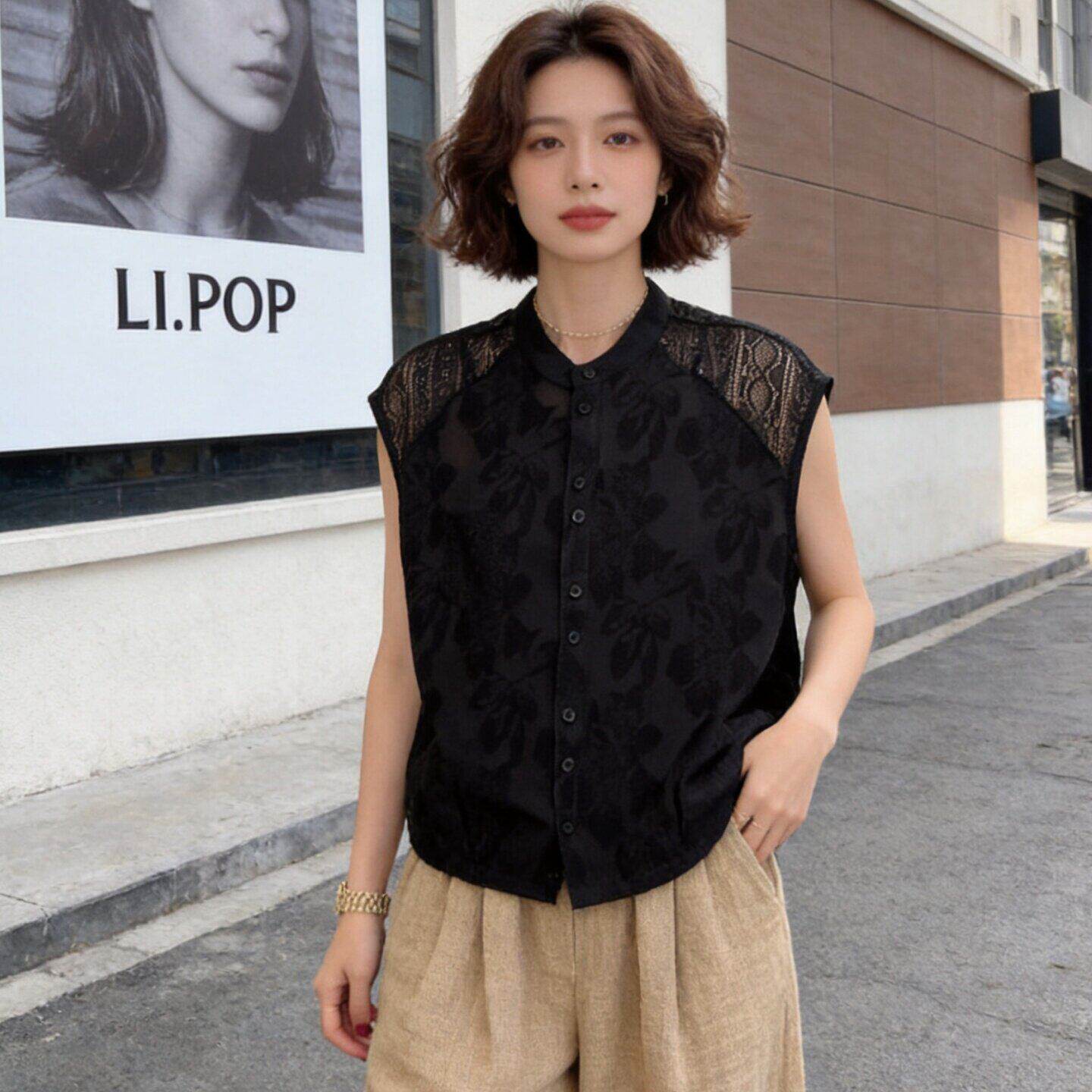 蕾丝插肩单排扣无袖衬衫女夏季宽松遮胯减龄温柔气质显瘦百搭上衣