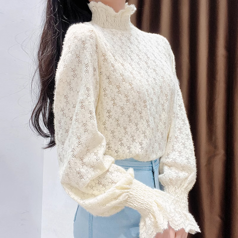 加绒蕾丝打底衫女长袖半高领