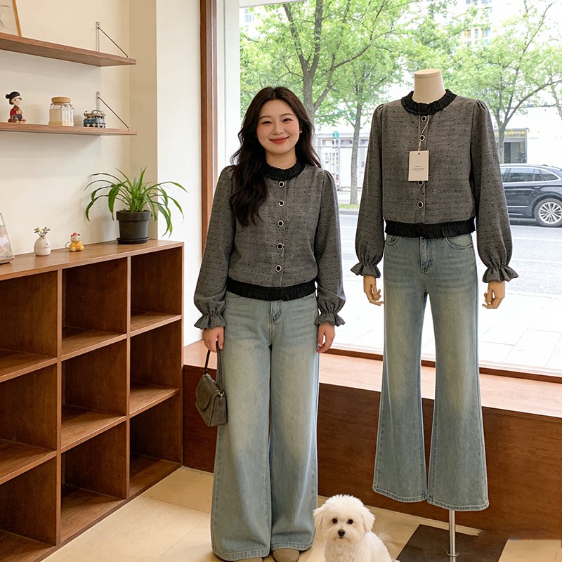 淑女风木耳边波点针织衬衫女春秋