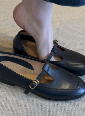 羊皮版~乐福鞋复古丁字扣玛丽珍鞋真皮圆头平跟单鞋软底小皮鞋女