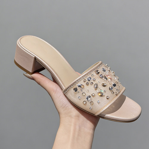 仙女风水钻露趾一字拖女夏季粗跟百搭外穿增高显瘦修脚凉拖鞋女