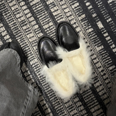 羊皮版~秋冬款时尚百搭毛毛乐福鞋女一脚蹬厚底加绒豆豆鞋小皮鞋