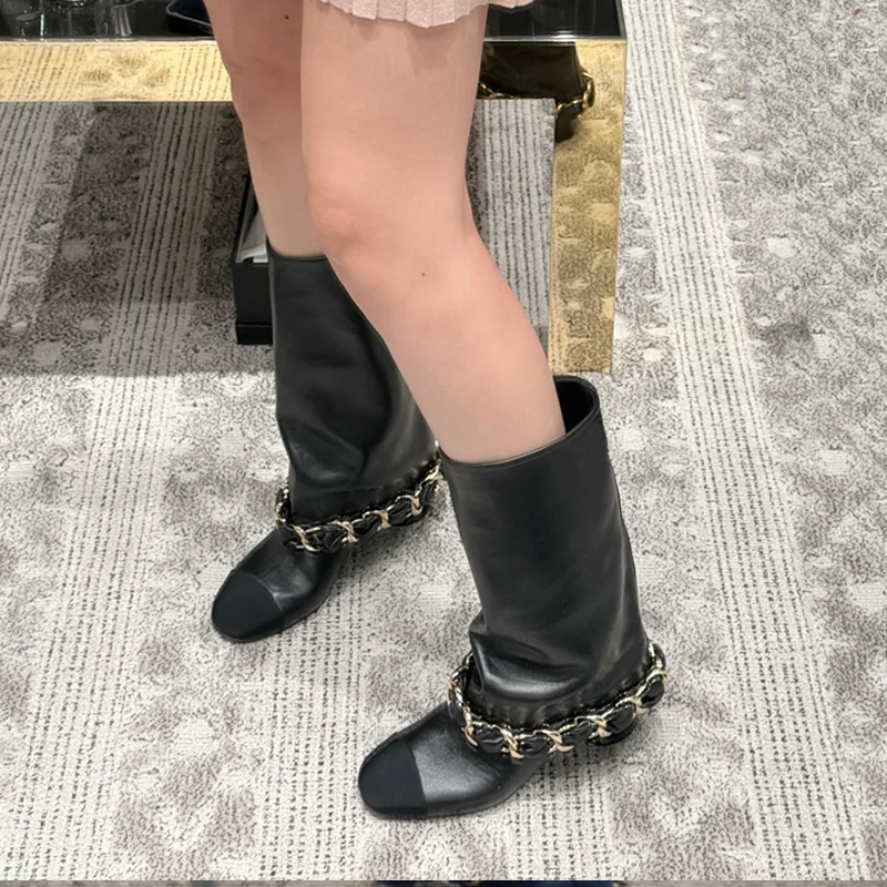 羊皮版~2025秋冬新款小香风骑士靴女中筒靴子链条粗跟高筒长靴女