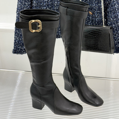 羊皮版~刘浩存同款真皮皮带扣骑士靴女粗跟高筒靴显瘦修腿型长靴