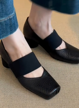 复古风方头玛丽珍鞋女黑色粗跟鞋交叉松紧带黑色荔枝纹皮通勤单鞋