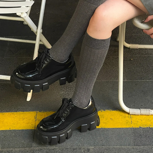 刘雯同款乐福鞋英伦风小个子增高松糕厚底鞋百搭系带学院小皮鞋女