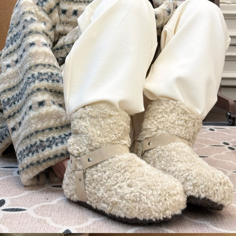 羊皮版~毛绒雪地靴女冬季加厚保暖棉鞋皮带扣羊羔绒短筒防滑靴子