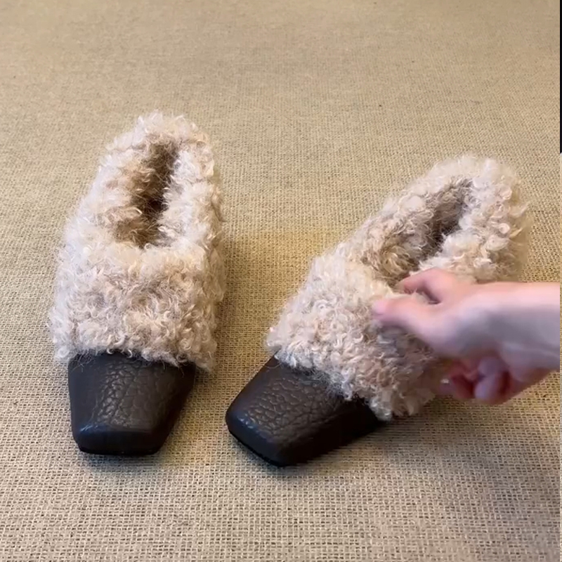 羊皮版~复古方头卷毛毛毛鞋女加绒保暖一脚蹬坡跟小皮鞋玛丽珍鞋
