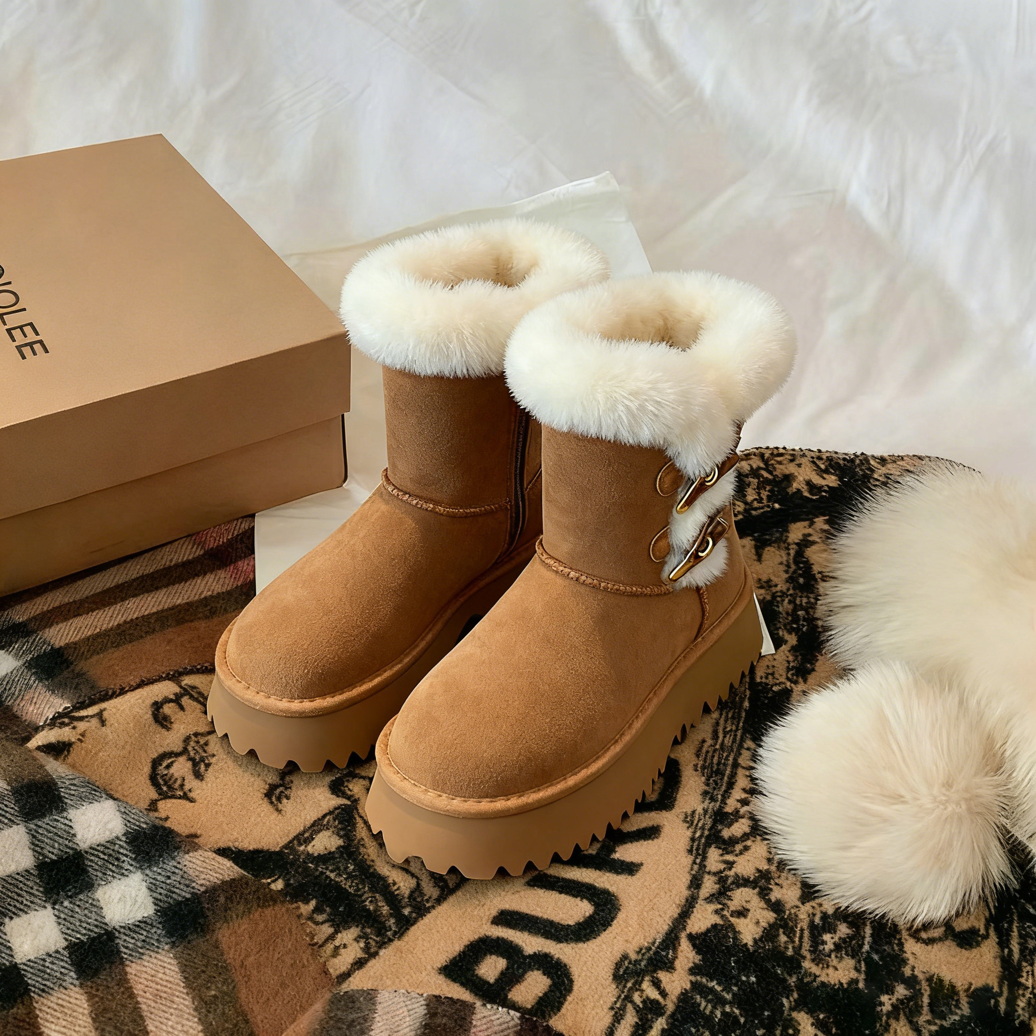 羊皮版~毛一体雪地靴女厚底短靴冬季加绒皮扣带保暖棉鞋毛绒靴子
